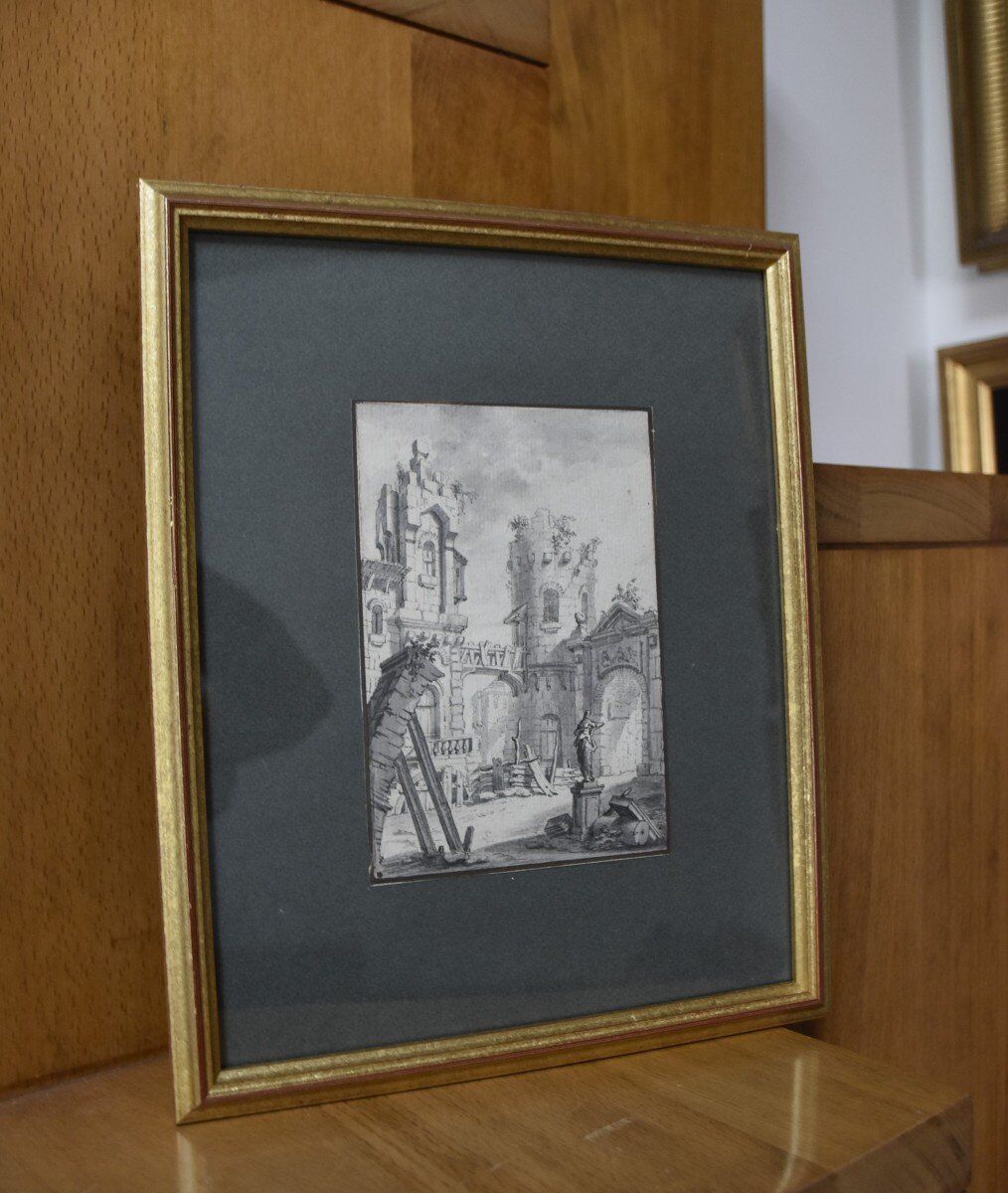 French school of the 18th century, courtyard of a ruined palace, pen drawing