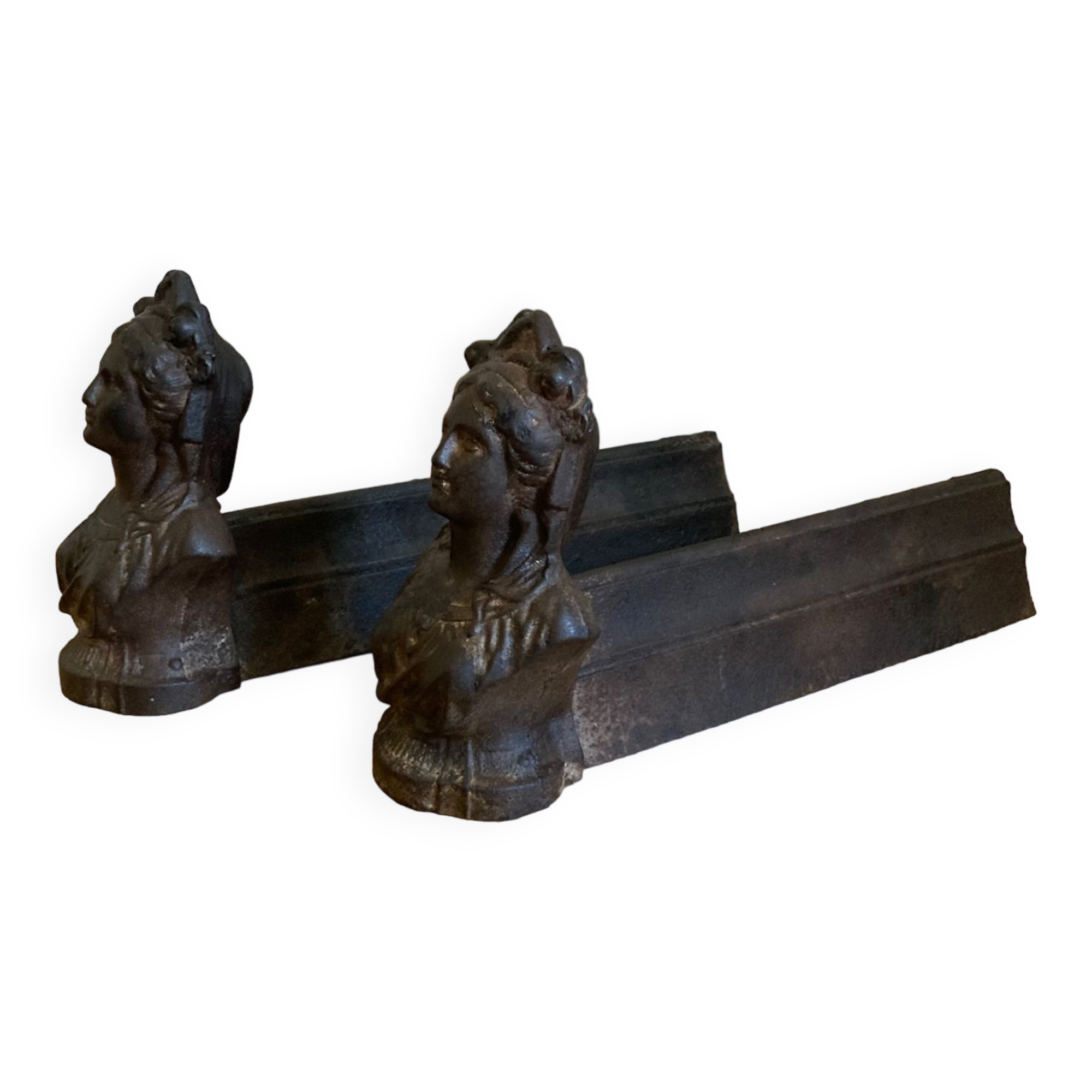 Pair of cast iron andirons from the 19th century, busts of women