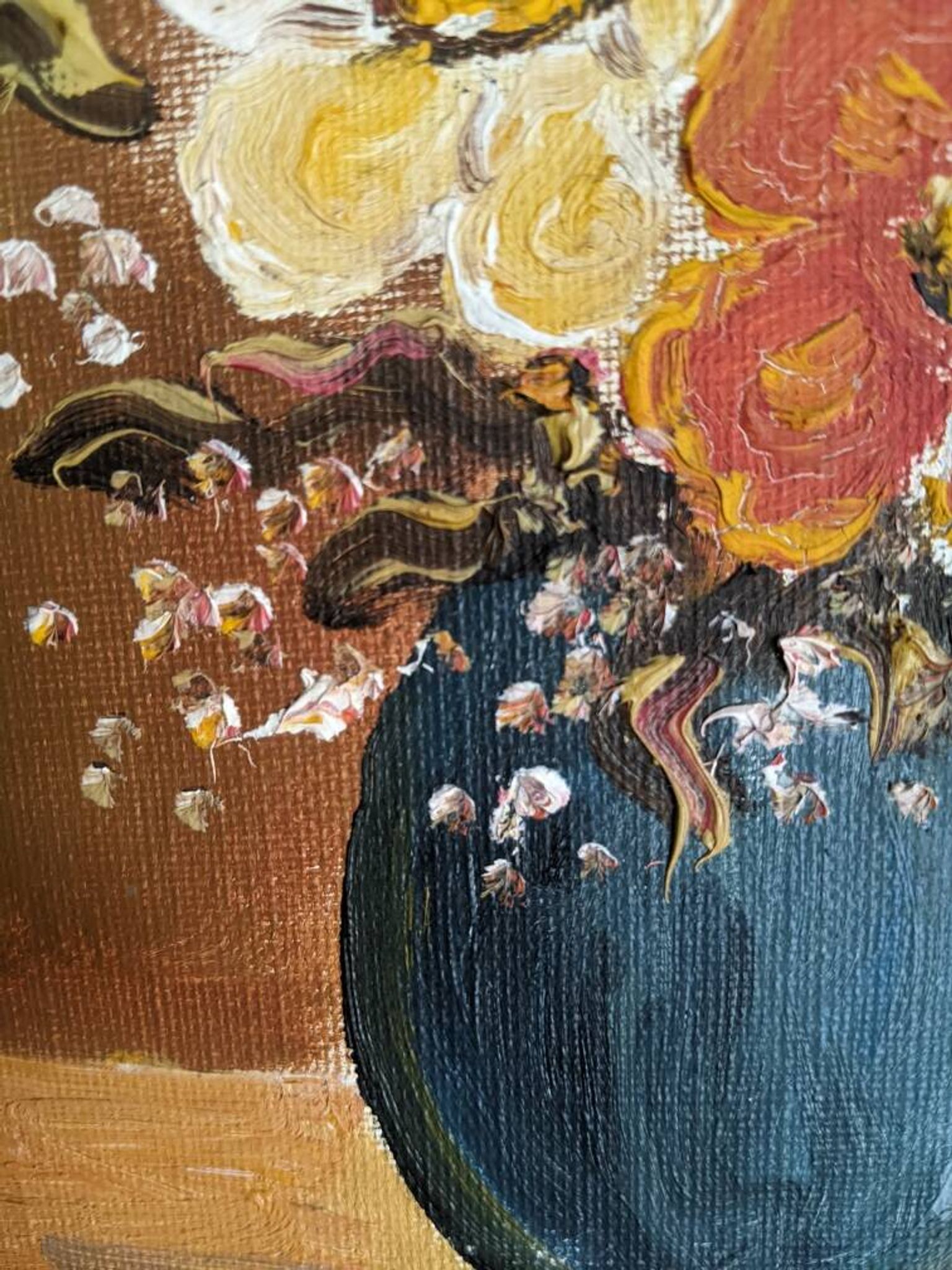 Old acrylic painting on canvas bouquet of bohemian countryside flowers