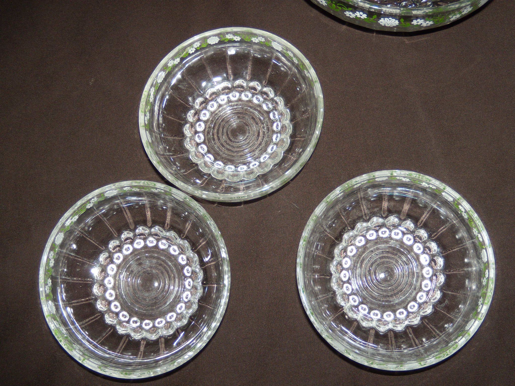 Set of 3 antique glass bowls/dishes decorated with small white flowers by Materne, rare.