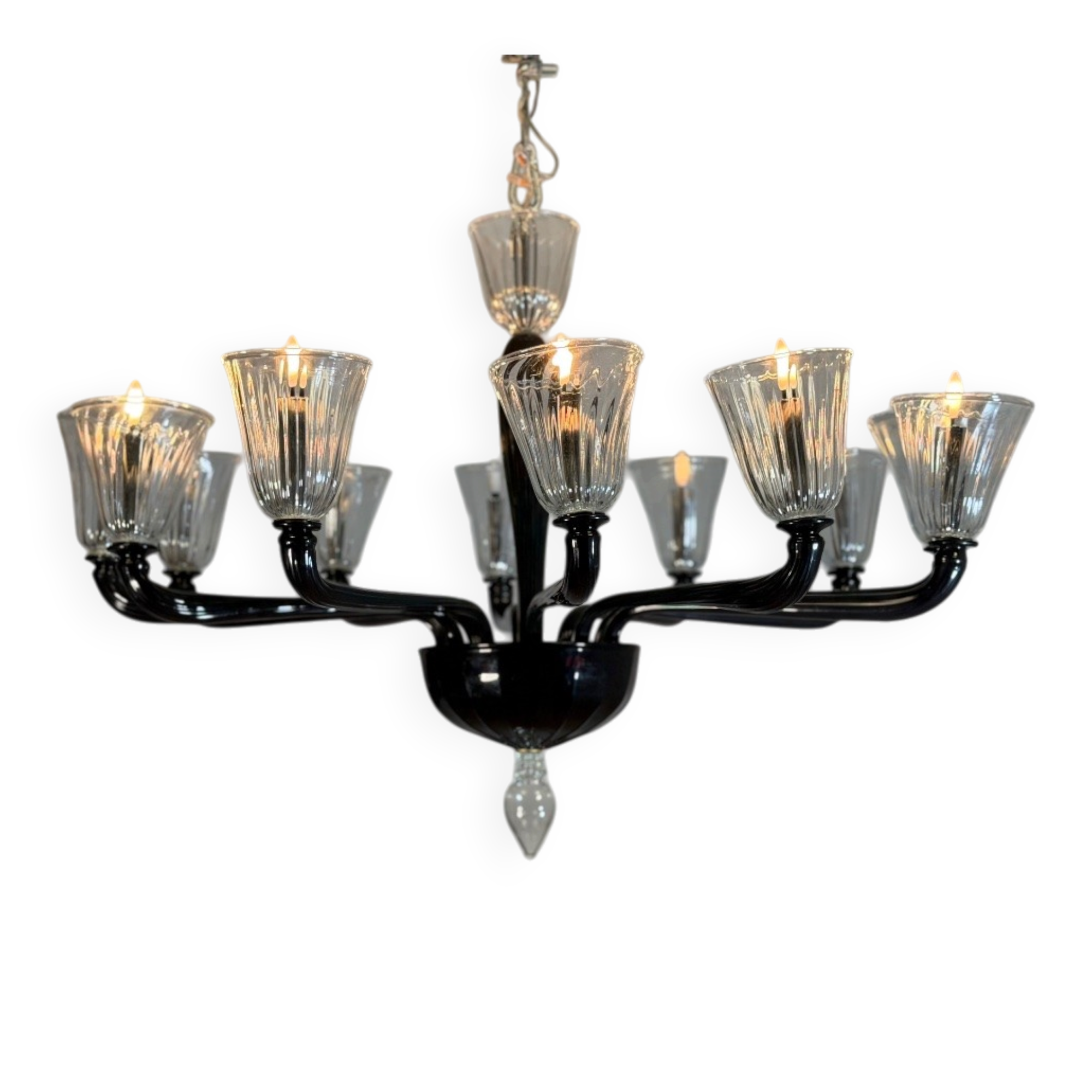 Venetian chandelier in Murano glass in black and colourless, 12 light arms, circa 1990.
