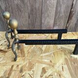 Pair of Antique Black Cast Iron + Vintage Bronze Fireplace Andirons