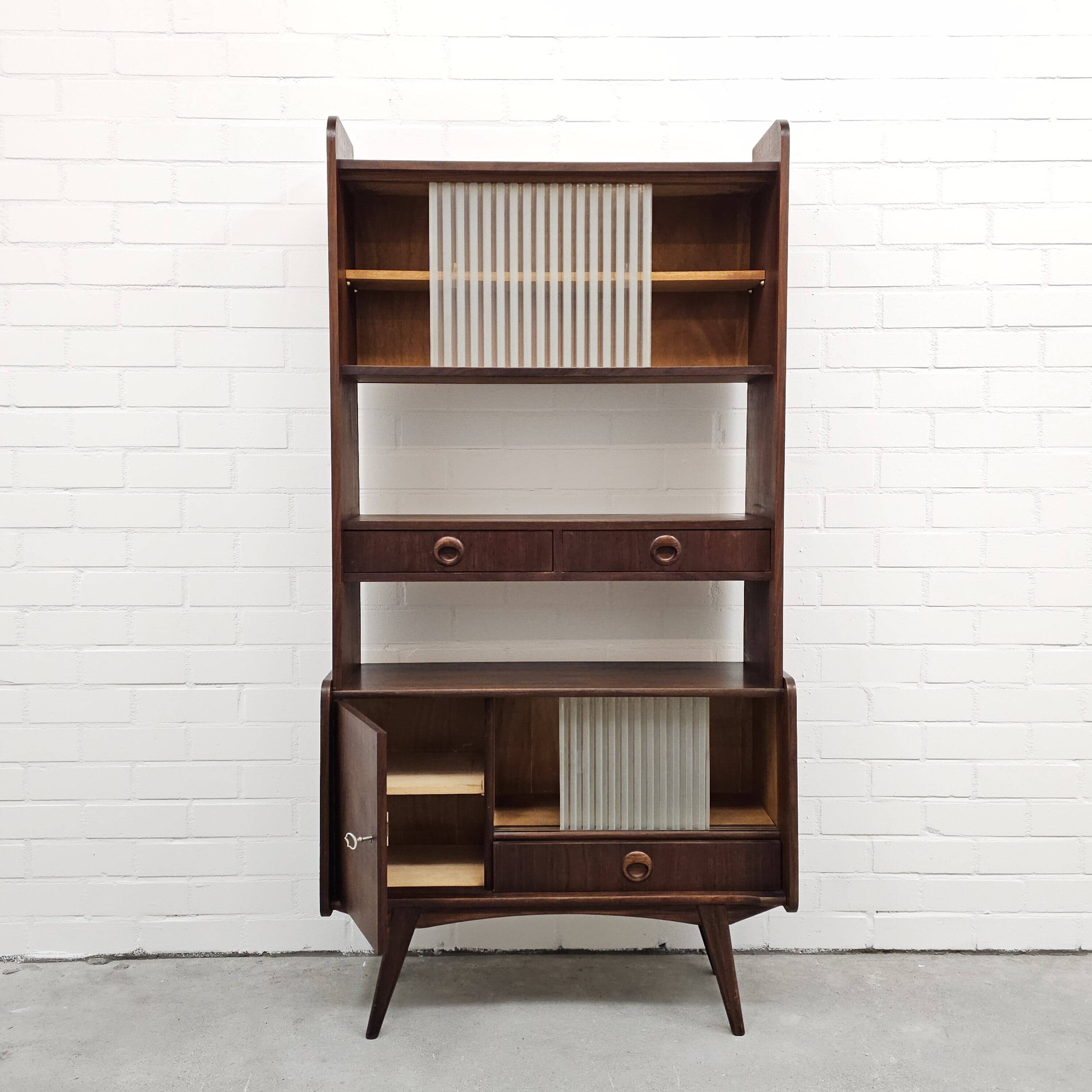 Vintage sideboard wall cabinet with glass sliding doors
