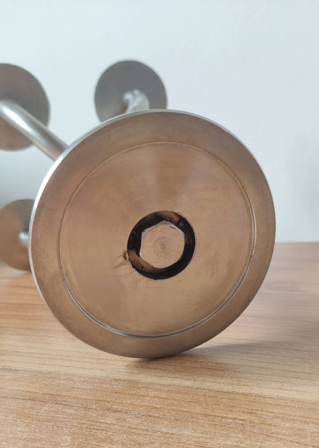 Vintage brutalist chandelier with 4 lights in brushed metal.