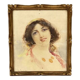 Watercolor s by caro signature to identify portrait of a gypsy woman