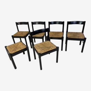 Mid-Century Modernist Black Beech and Papercord Carimate Dining Chairs by Vico Magistretti, 1960s, S