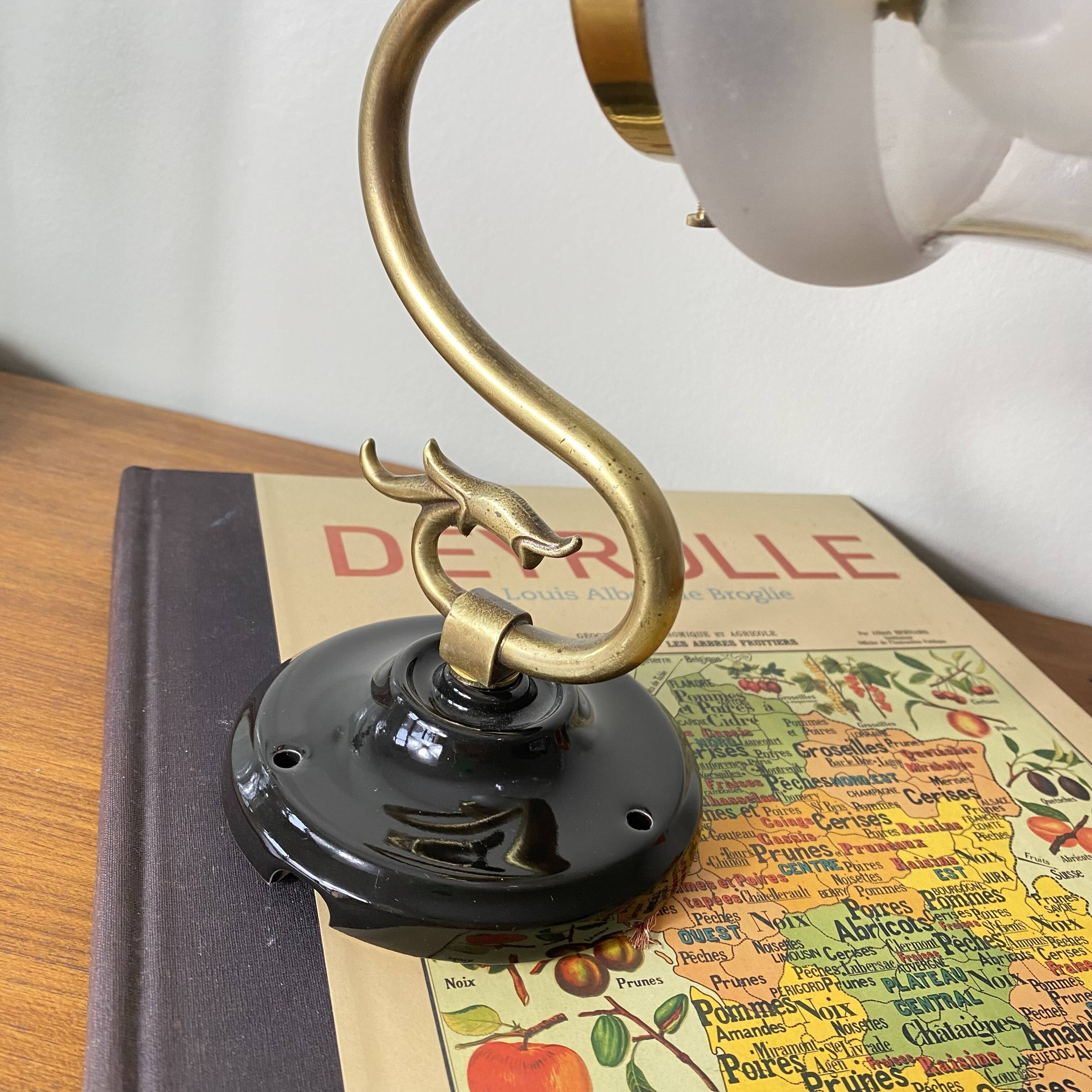 Swan neck wall light in brass with glass tulip.