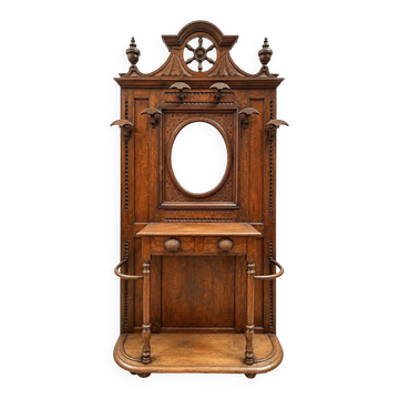 Napoleon III entrance hall wardrobe in solid oak with bevelled mirror.
