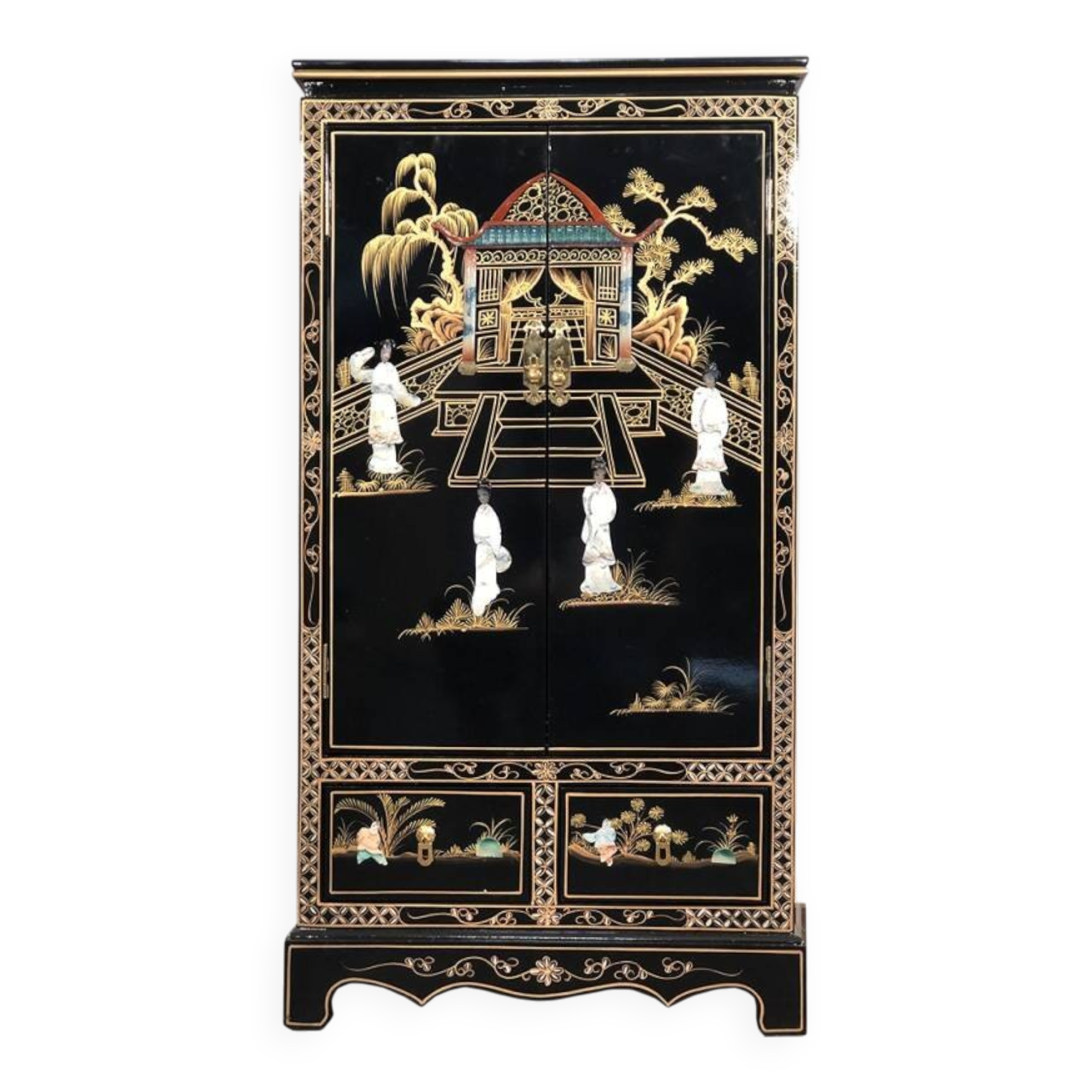 Black lacquered Chinese wardrobe with inlays