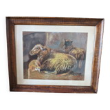 Animal painting, sheepfold, sheep and lamb.