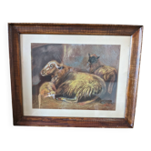Animal painting, sheepfold, sheep and lamb.