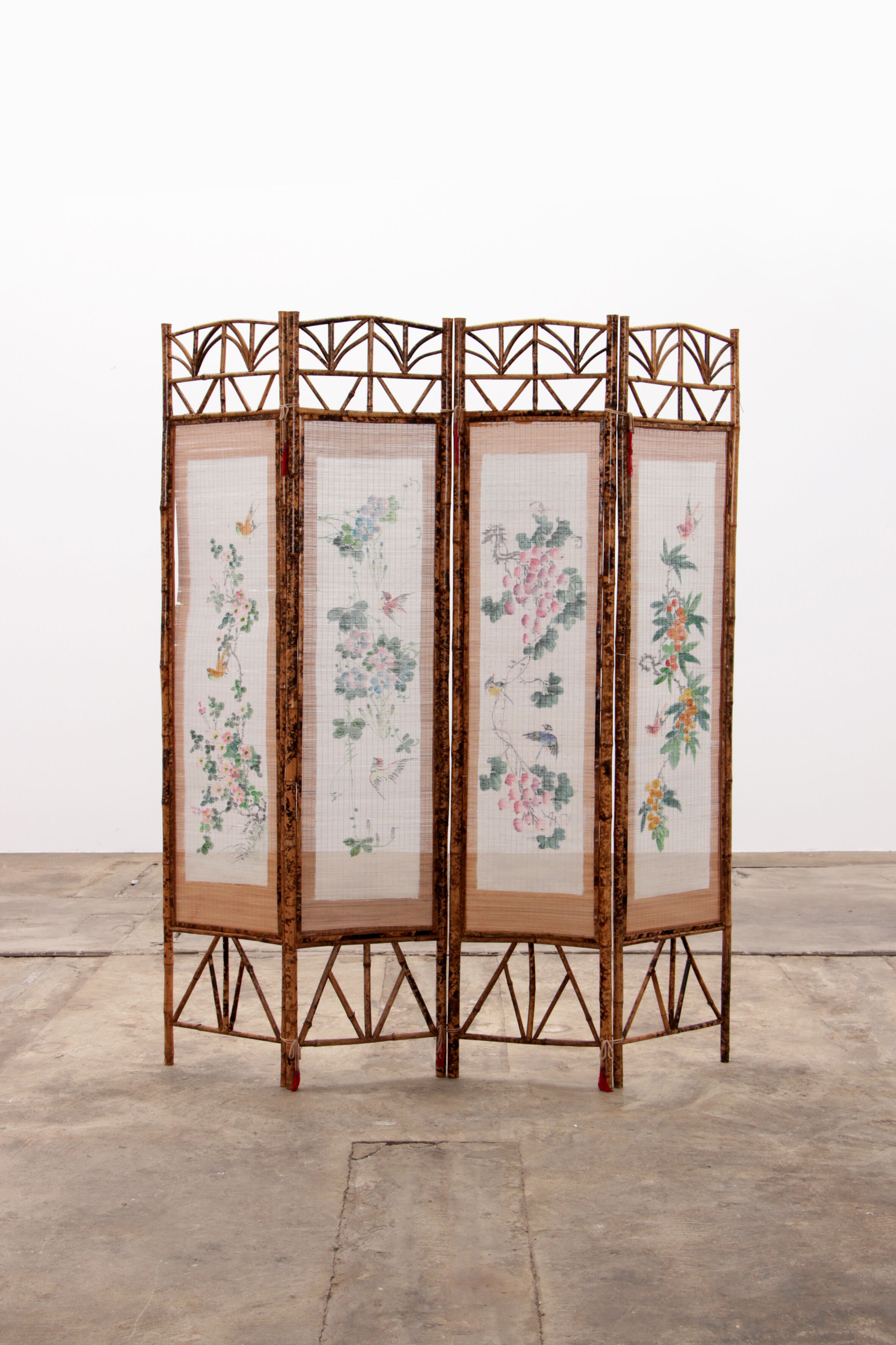 Vintage oriental folding screen Bamboo with fabric, 1960