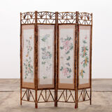 Vintage oriental folding screen Bamboo with fabric, 1960