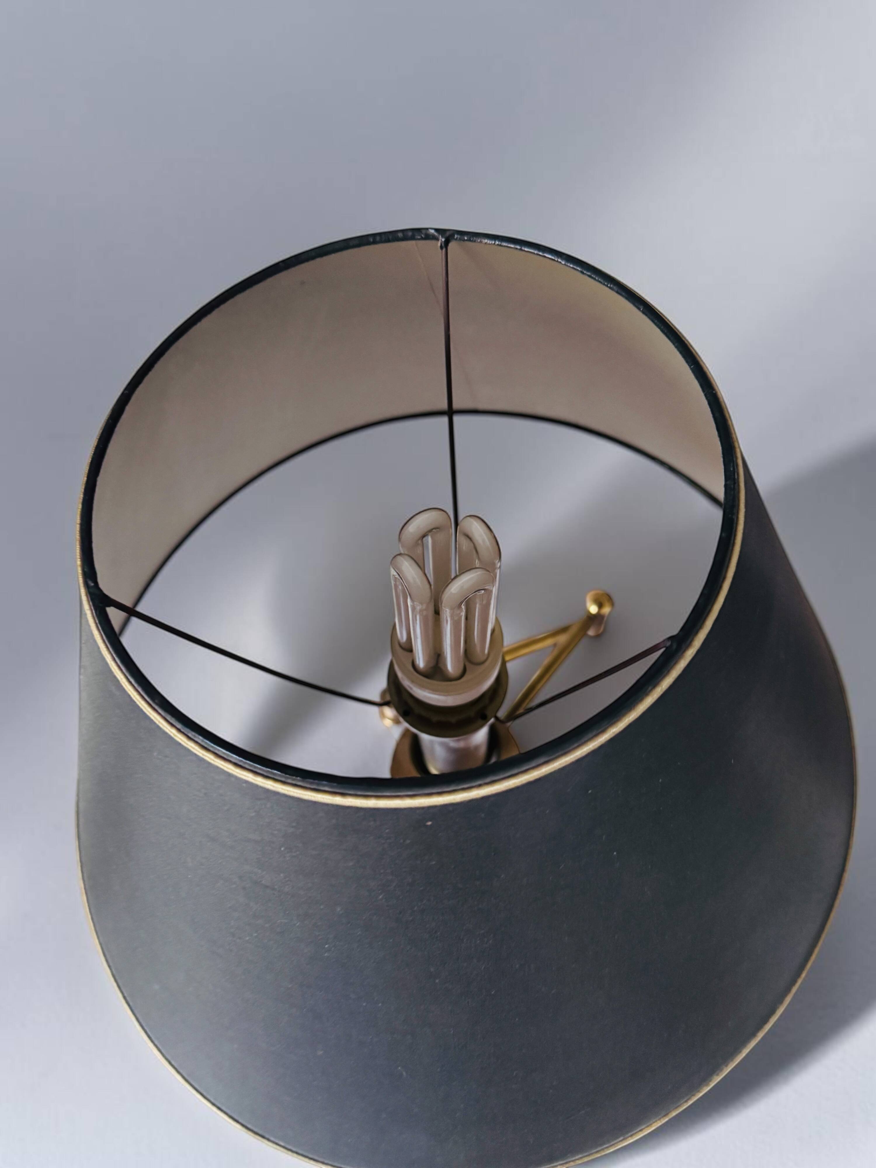 Brass reading floor lamp, adjustable arm, vintage anthracite shade.