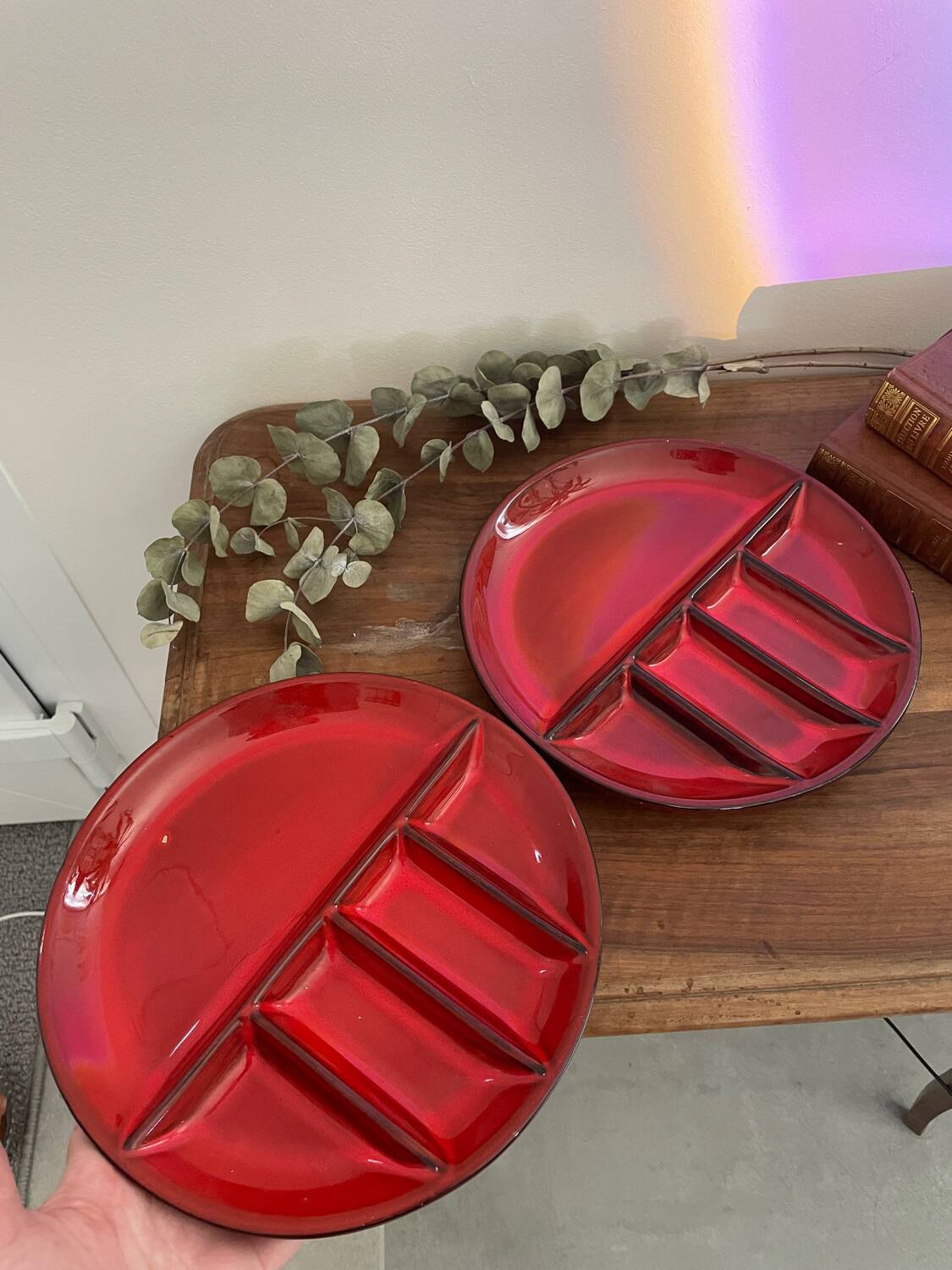 Set of two fondue plates and serving dish