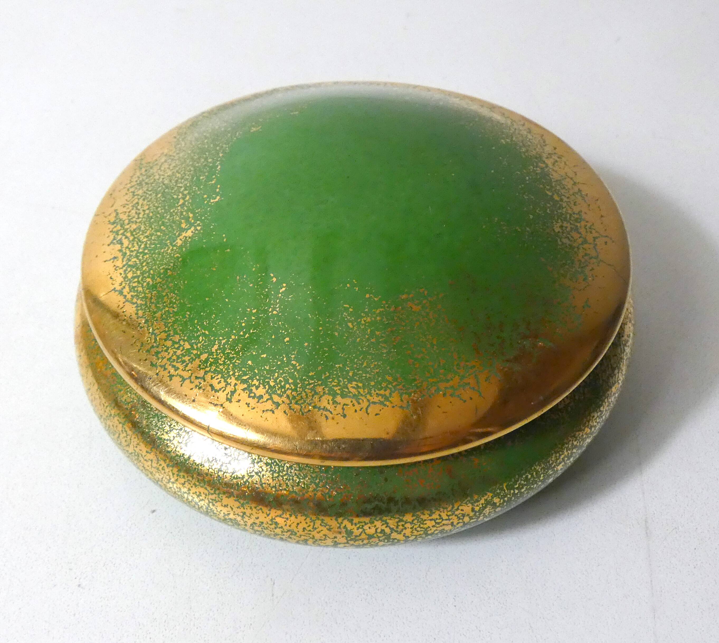 Green and gold Limoges porcelain candy box signed Catherine Lainé