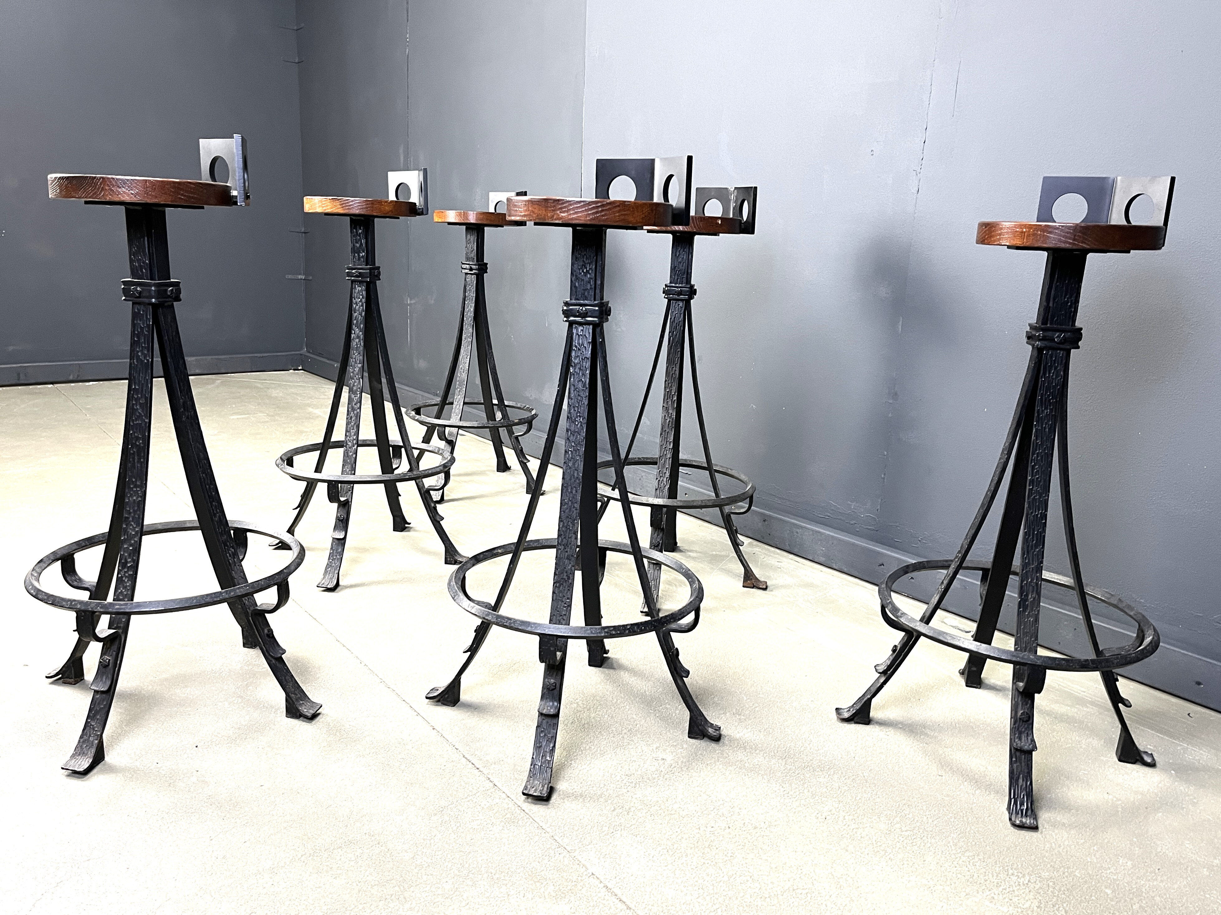Vintage brutalist wrought iron bar stools, 1960s - set of 6
