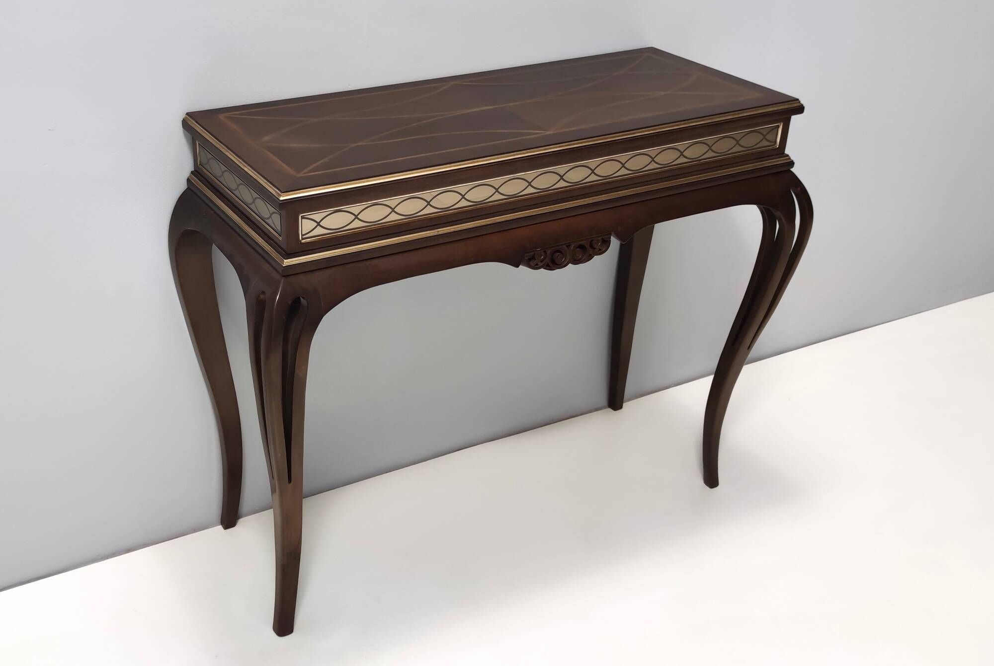Vintage Rectangular Solid Walnut Console Table with Engraved Mirror Motif, Italy