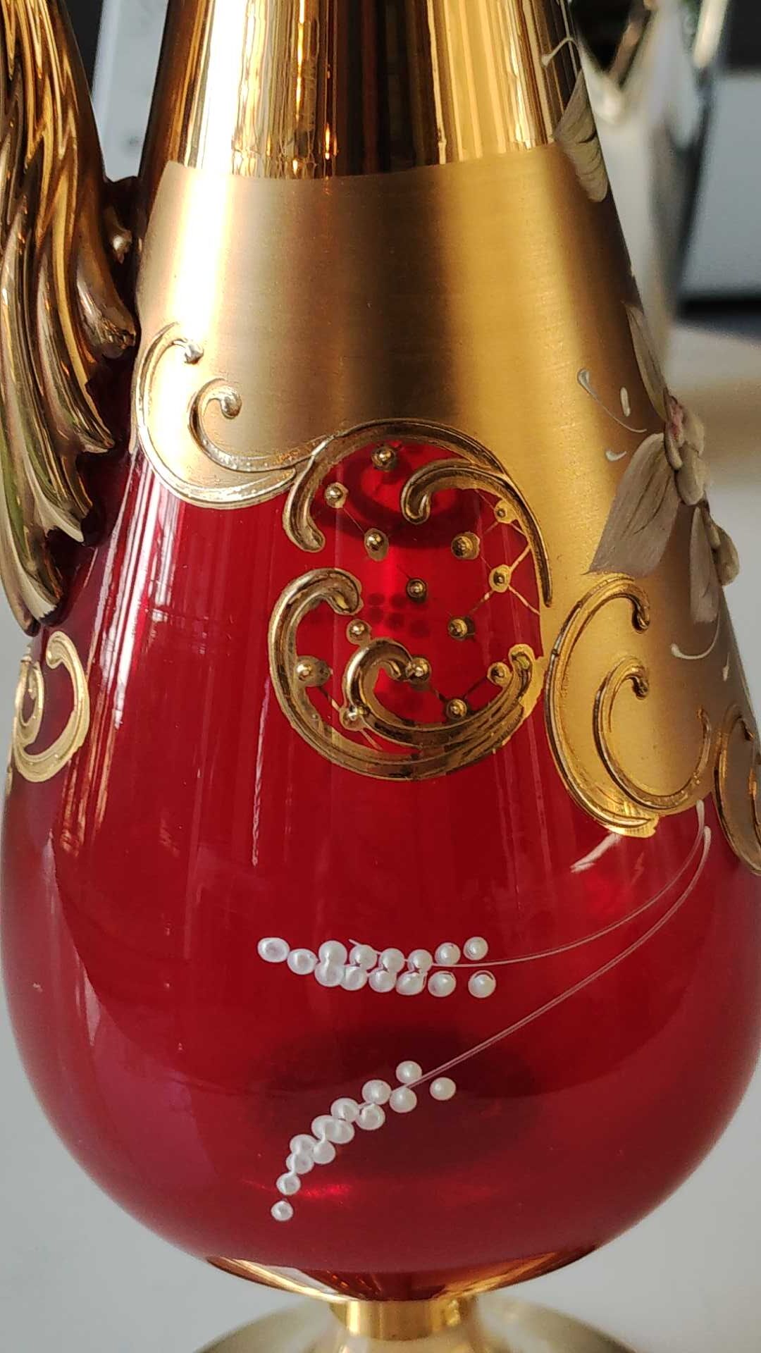Vase/Ewer in blown Murano Art Glass/Trefuochi model, in ruby red & gold colours