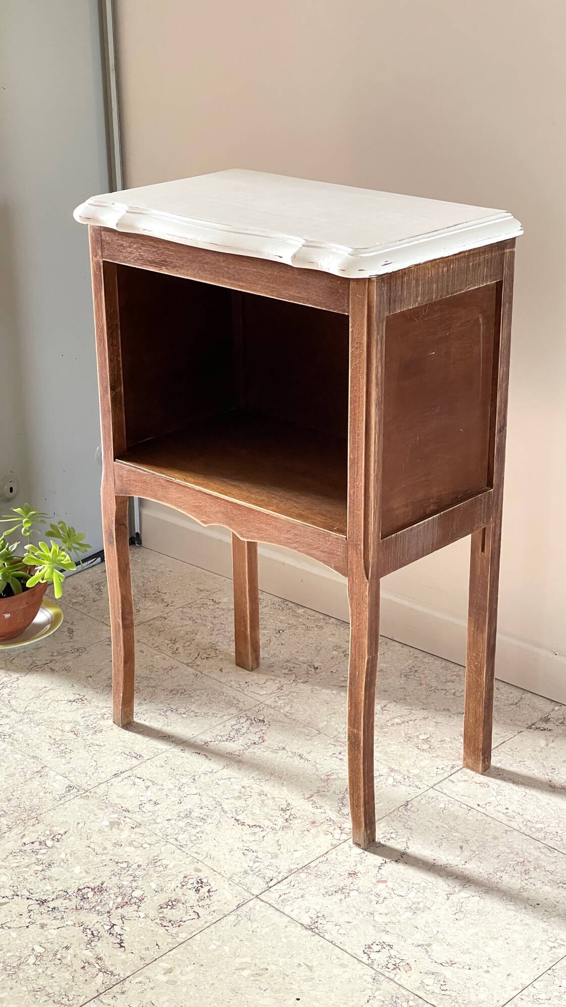 Vintage wood and white bedside table
