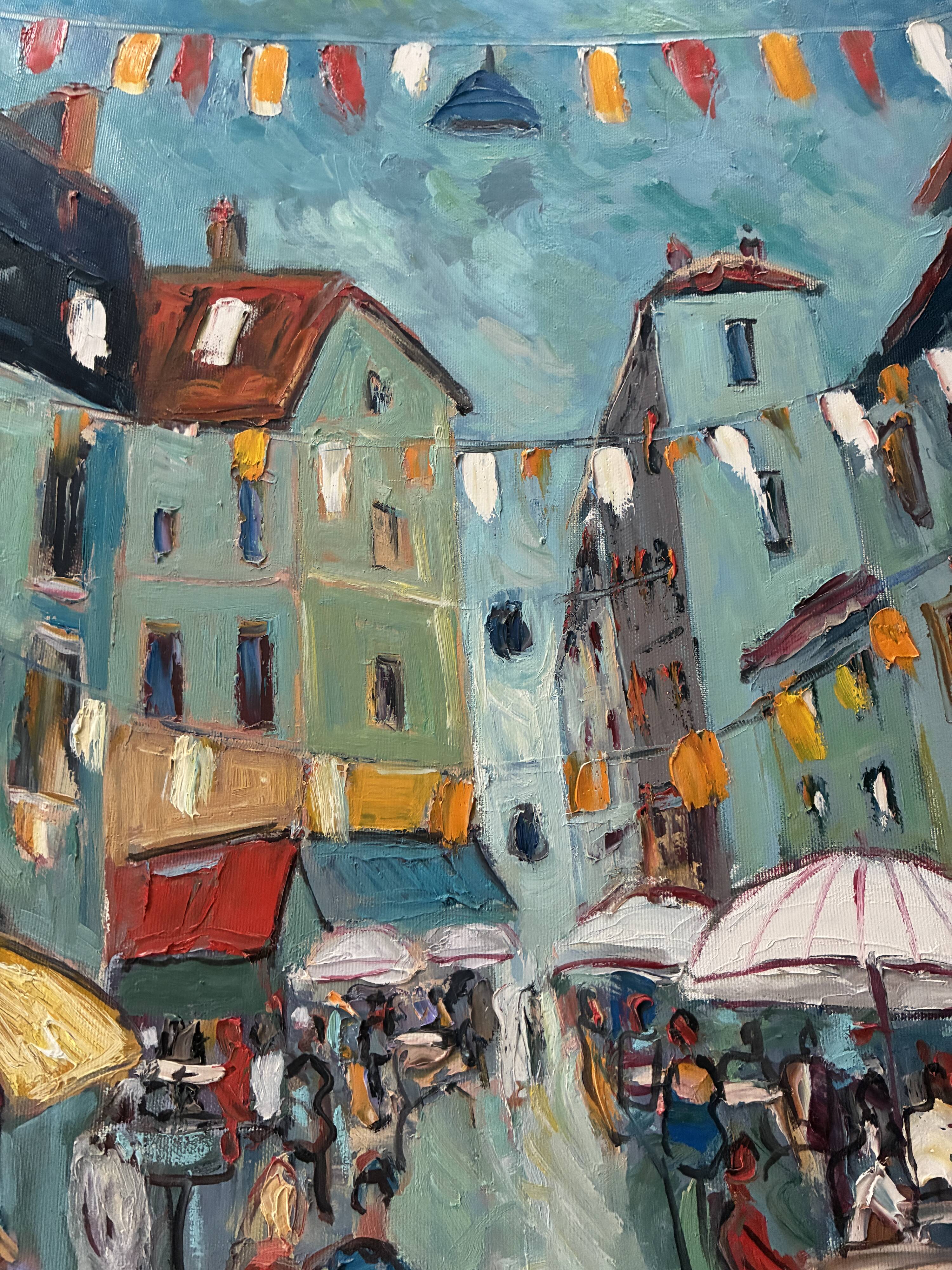 Large Oil on Canvas Alain Duperay Café Terraces 14 July