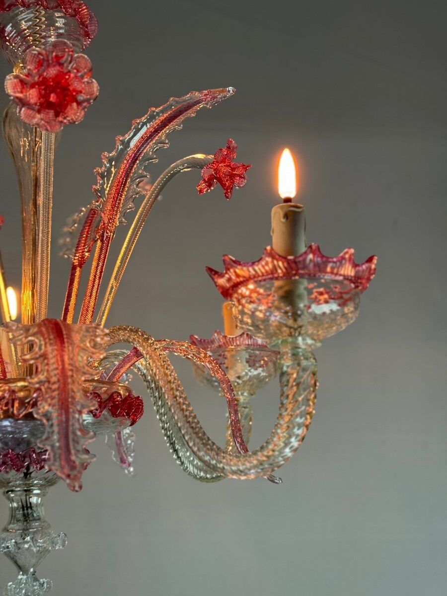 Venetian chandelier in colorless and red Murano glass, 5 light arms, circa 1950