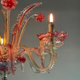 Venetian chandelier in colorless and red Murano glass, 5 light arms, circa 1950