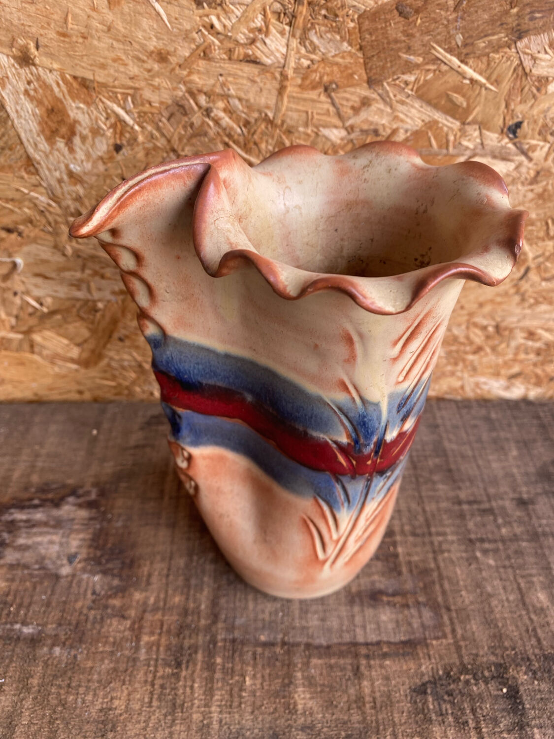 Vintage Beige Glazed Terracotta Vase with Relief Flower Decoration