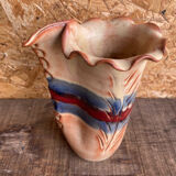 Vintage Beige Glazed Terracotta Vase with Relief Flower Decoration