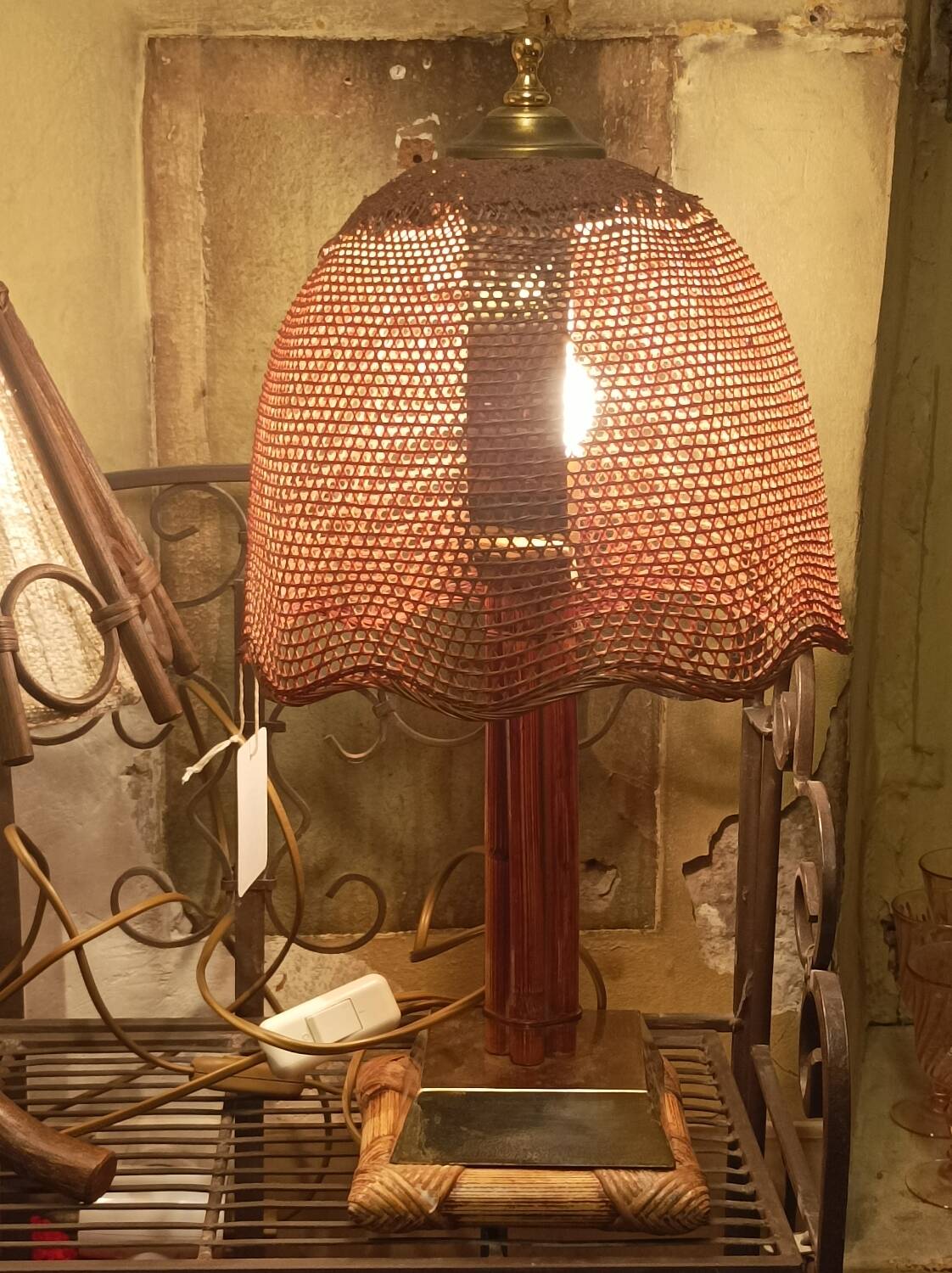 Vintage rattan and chrome metal lamp – 1970s/1980s