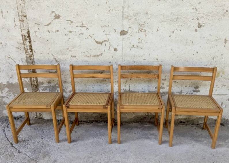 Set of 4 vintage pine chairs with cane seats