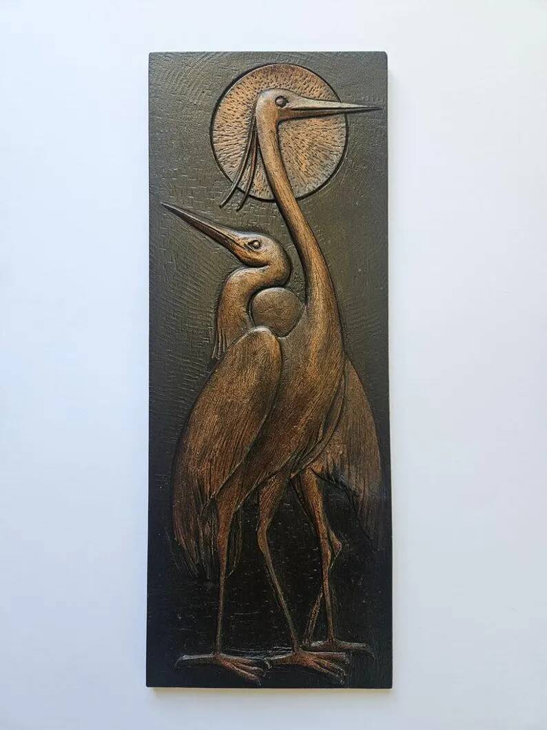 Rare Wall Wood Relief Sculpture of Herons, 1960s