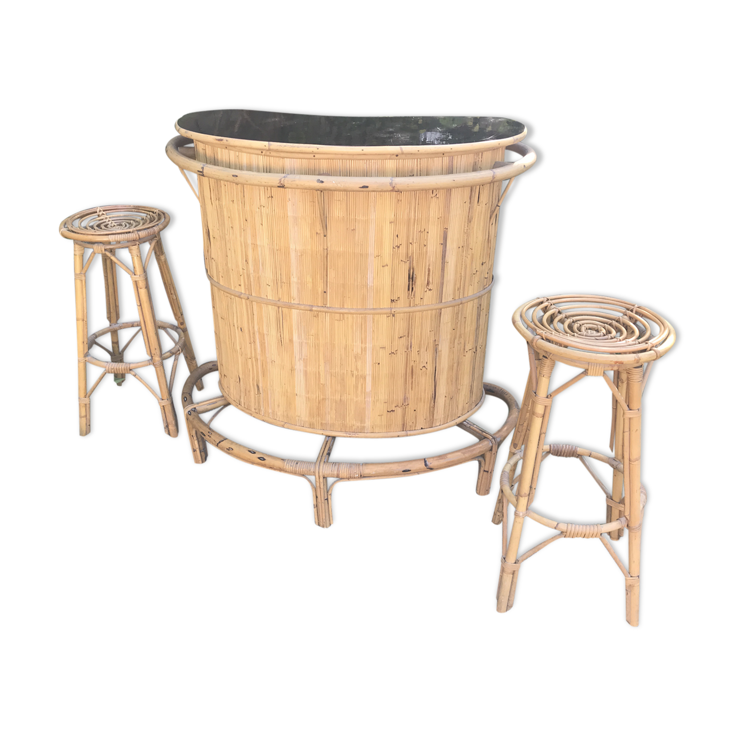 Rattan and bamboo bar & his 2 stools vintage 1950