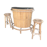 Rattan and bamboo bar & his 2 stools vintage 1950