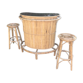 Bar en rotin et bambou & ses 2 tabourets vintage 1950