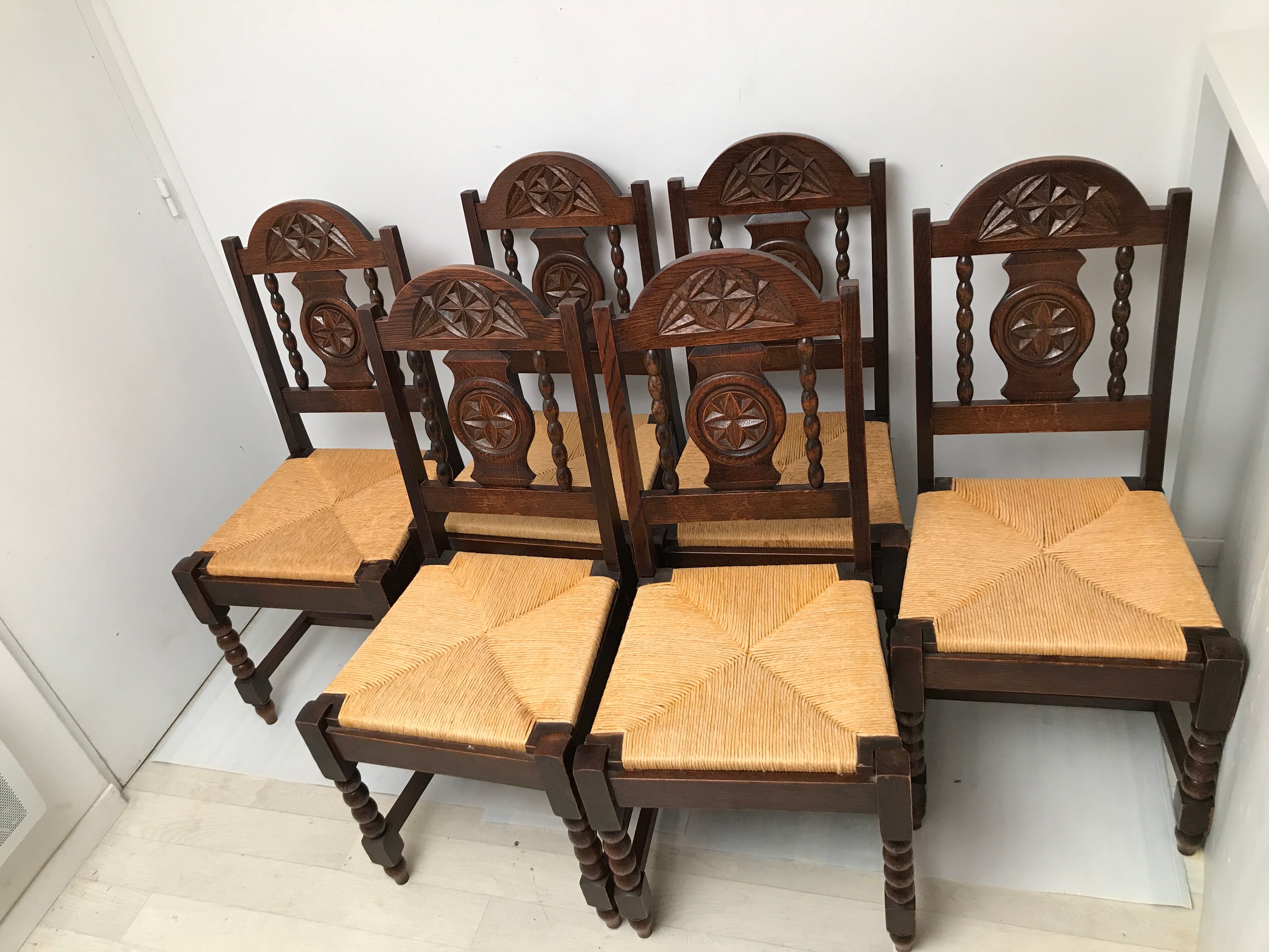 Set of 6 vintage straw and turned wood chairs