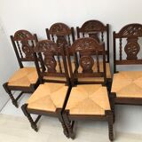 Set of 6 vintage straw and turned wood chairs