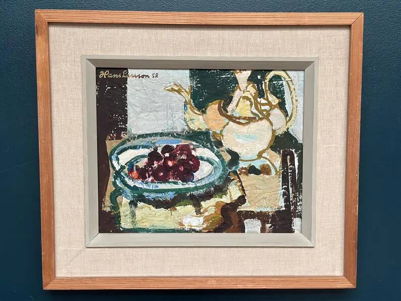 Original Swedish Oil on Panel "Fruits and Teapot" by Hans Larsson – Framed