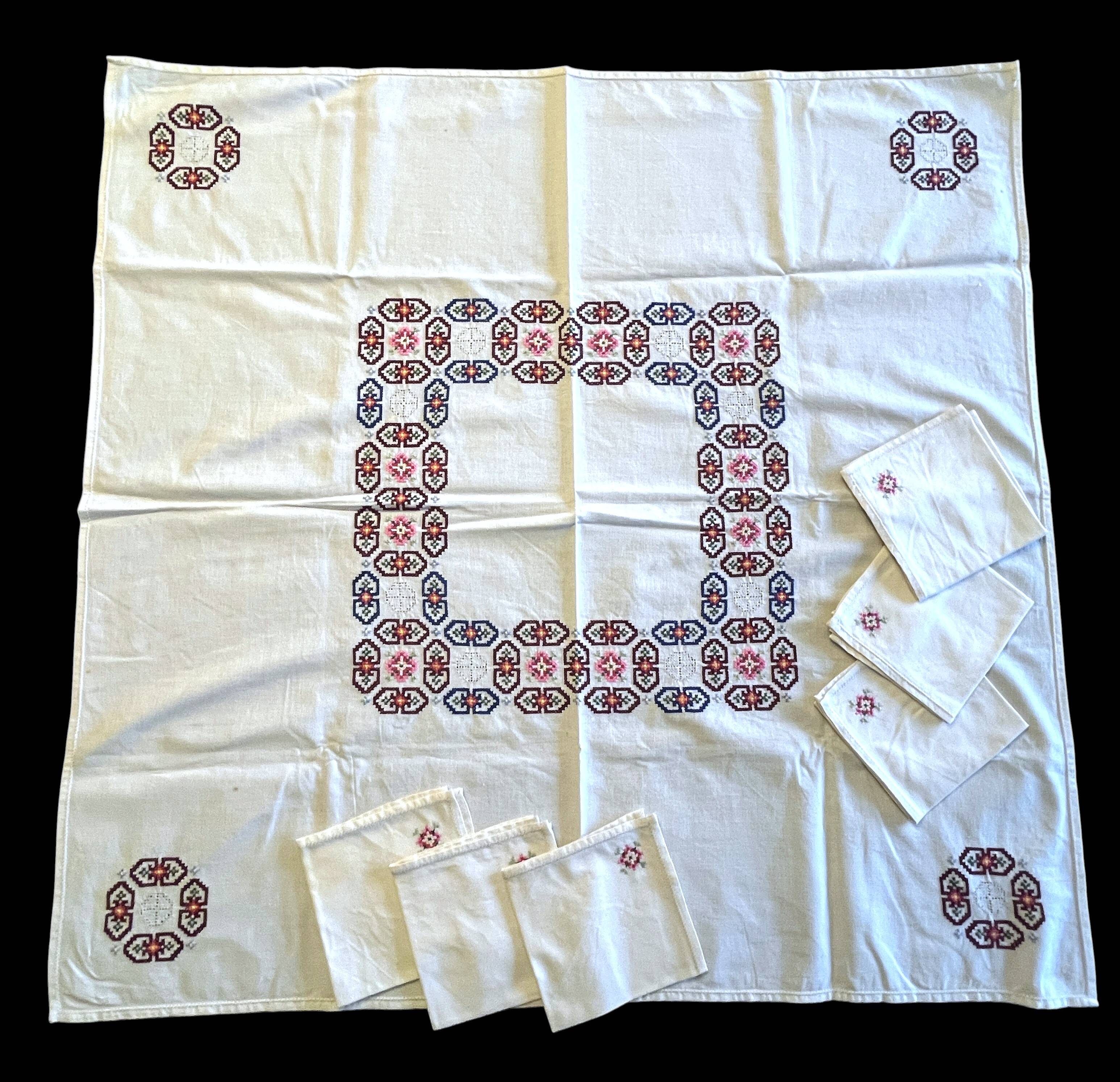 Household linen, embroidered tea tablecloth, 6 napkins, circa 1960