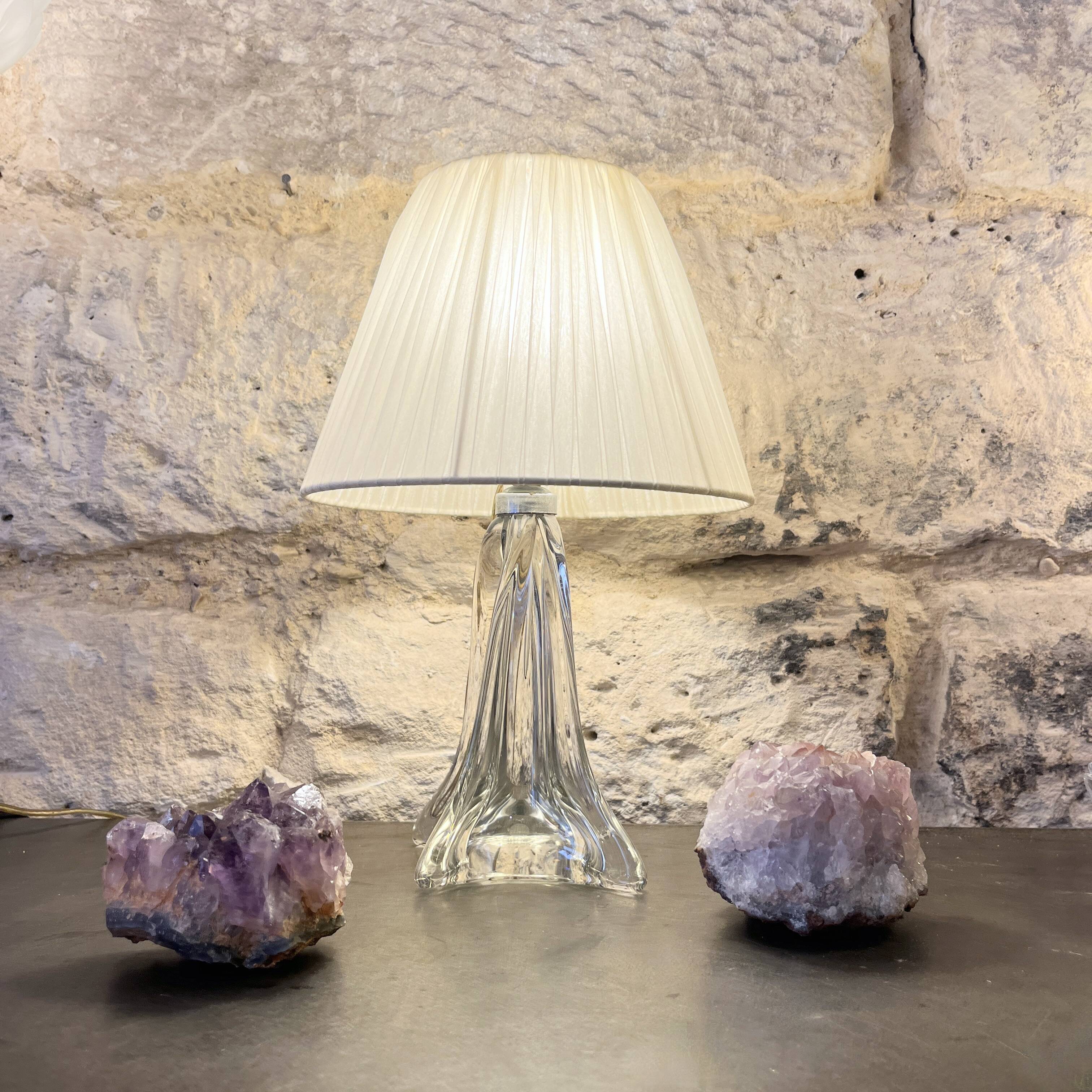 vintage crystal lamp base from the 1960s with a white ribbon shade