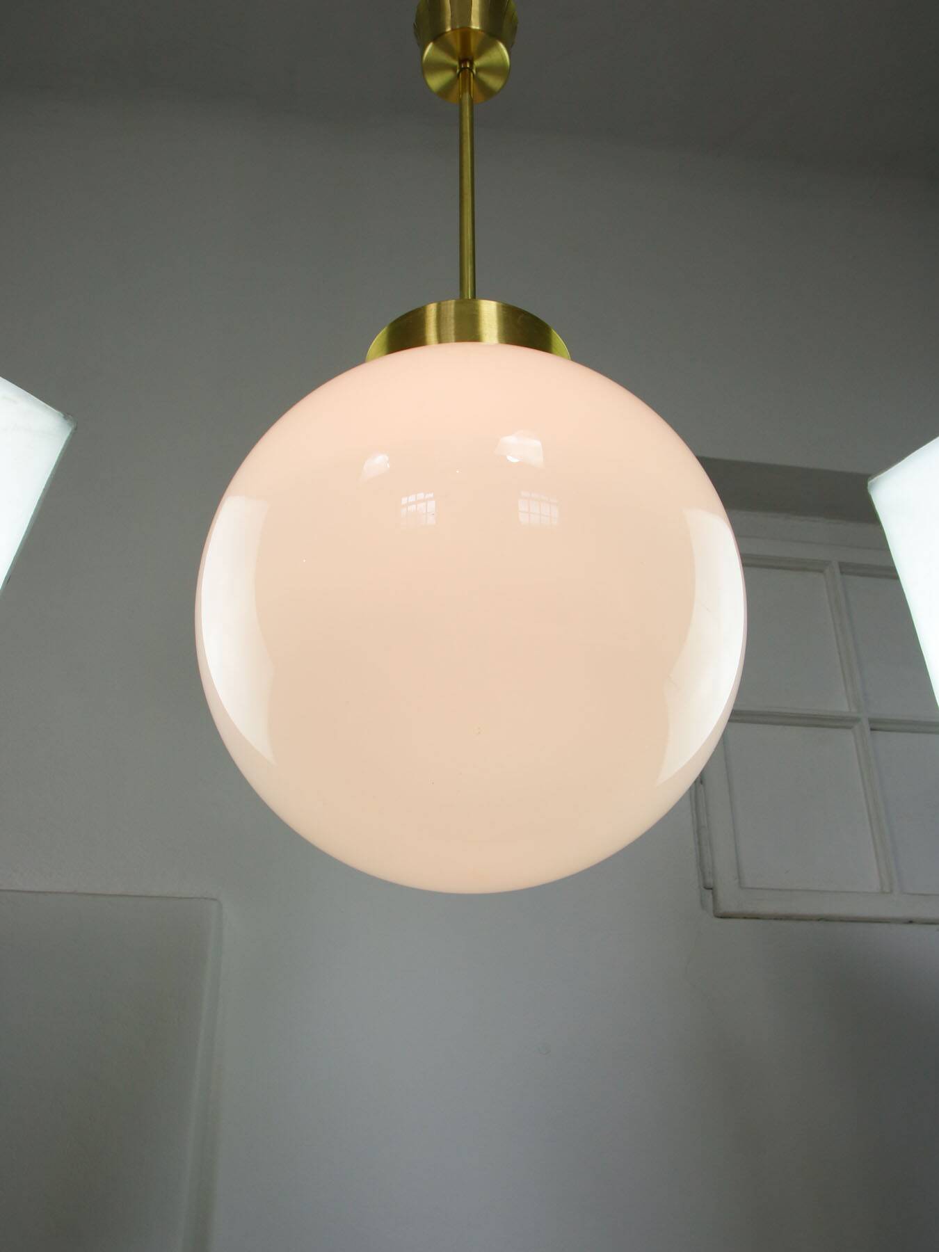 Big Mid-Century Italian Opaline & Brass Globe Pendant Lamp