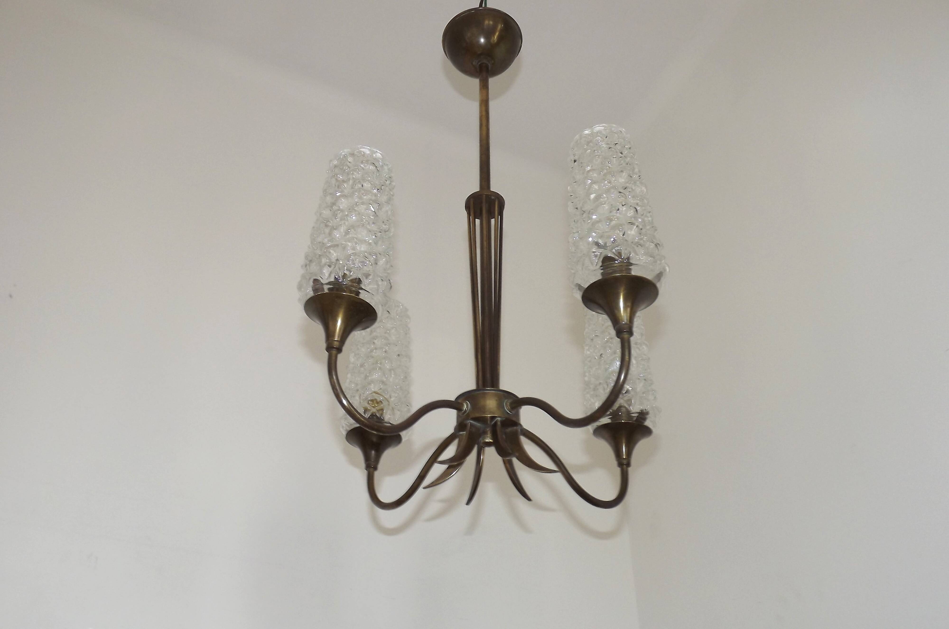 French vintage retro chandelier with 4 lights in brass and bronze with cut glass shades.