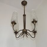 French vintage retro chandelier with 4 lights in brass and bronze with cut glass shades.