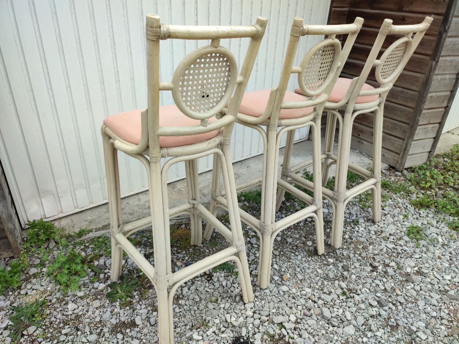 3 white stools vintage bar bamboo wicker rattan