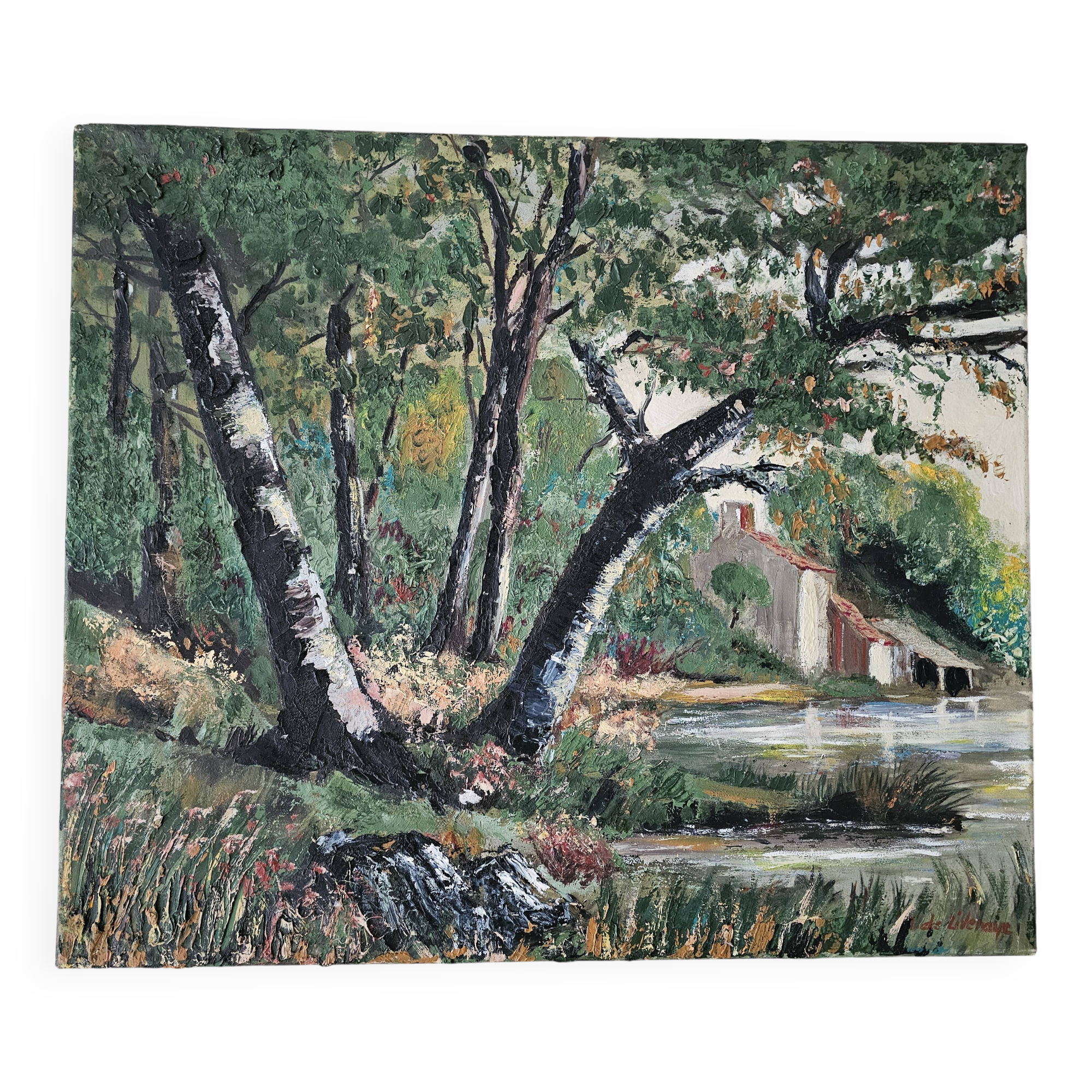 Tableau - Oil on canvas Verdant landscape river Signed M De Livenaye 197