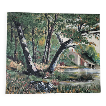 Tableau - Oil on canvas Verdant landscape river Signed M De Livenaye 197