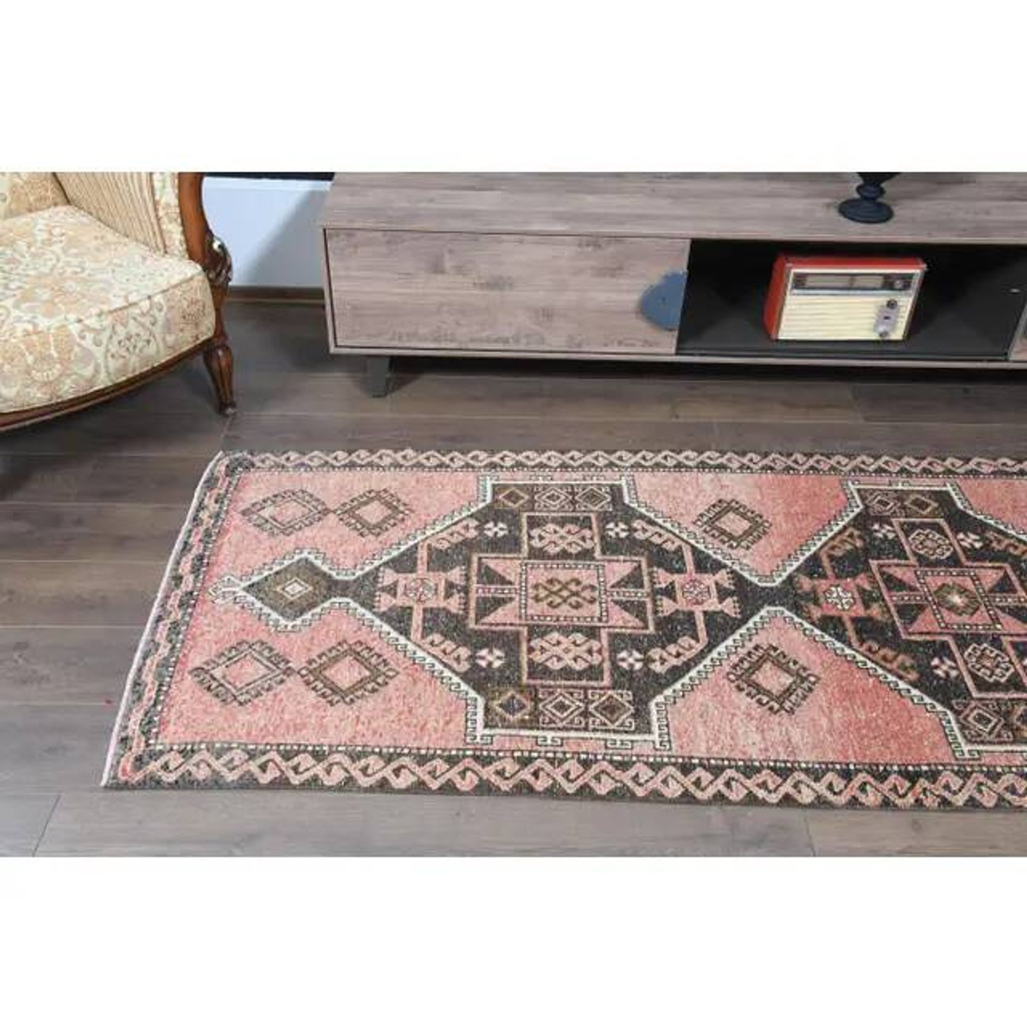 1970s Turkish Oushak Handmade Wool Cotton Pink Runner Rug  98x293
