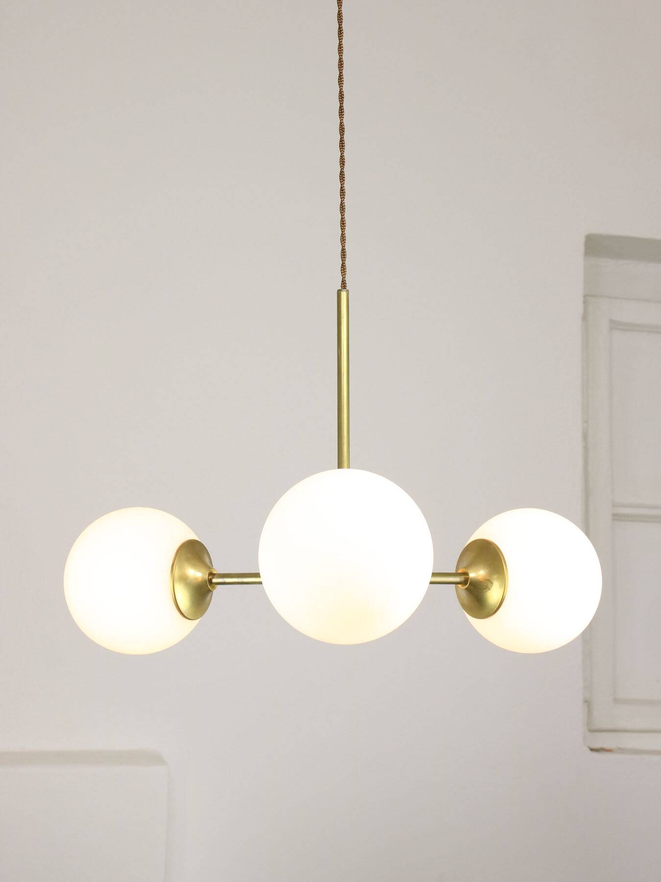 Italian Mid century Modern Chandelier in Brass and Opaline Glass, 1960s