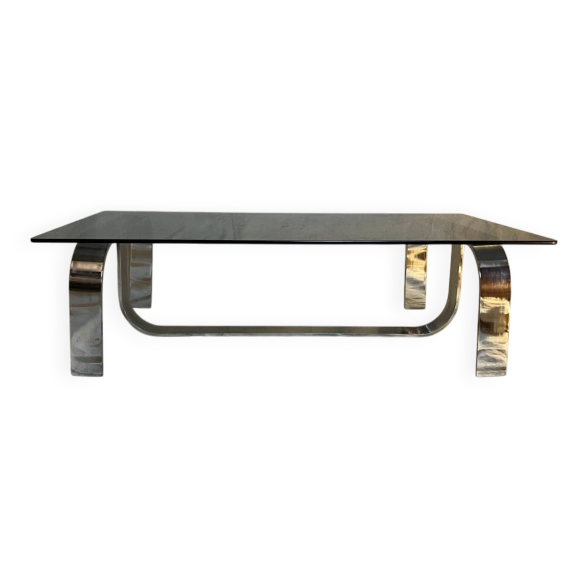 Vintage coffee table from the 70s in chrome and smoked glass, Space Age and Mid-Century style.