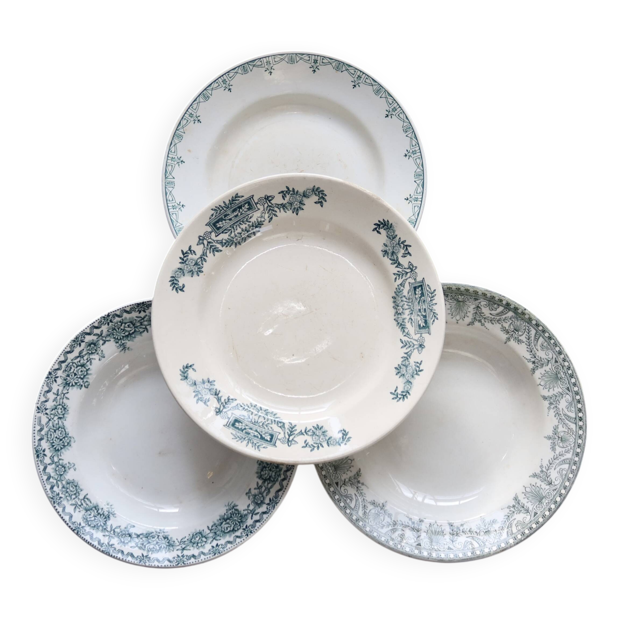 Mismatched vintage half-soup plates in ironstone - Green decor